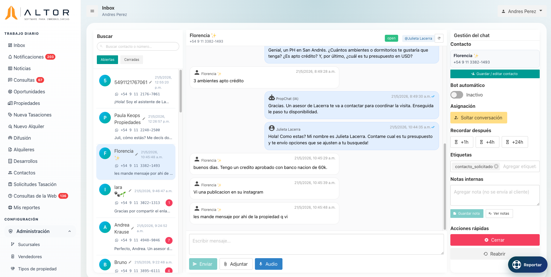 ALTOR · Inbox de WhatsApp con asistente IA